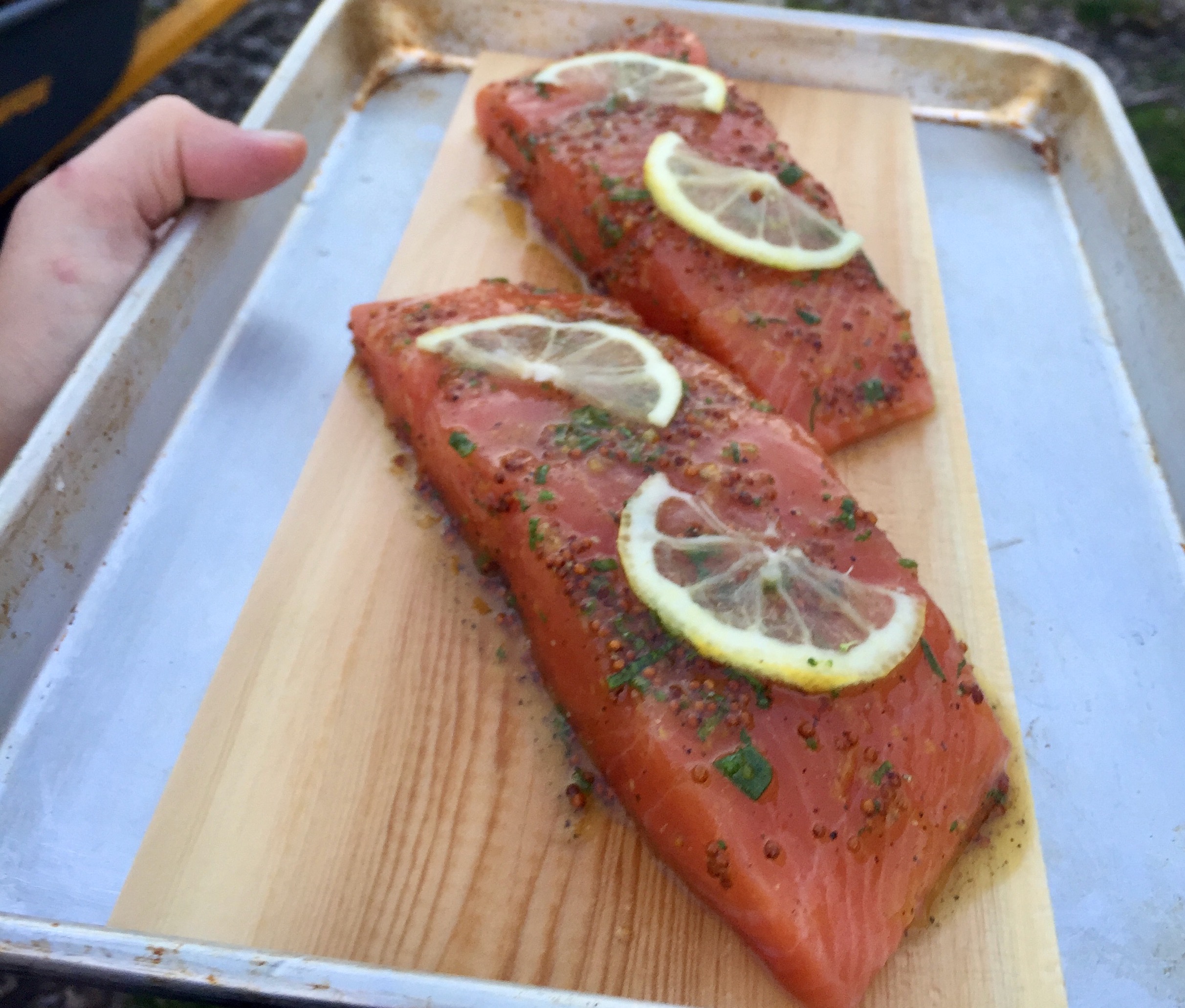 raw salmon on cedar plank